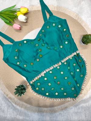 Teal navratri rayon silk blend mirror work blouse 1