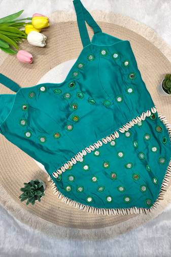 Teal navratri rayon silk blend mirror work blouse