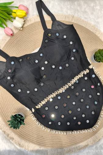 Black navratri rayon silk blend mirror work blouse