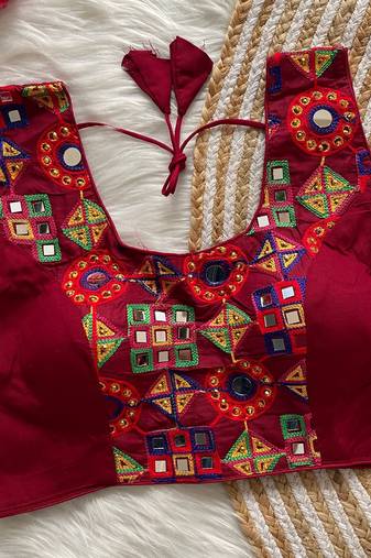 Wine navratri magic cotton blend blouse with mirror work