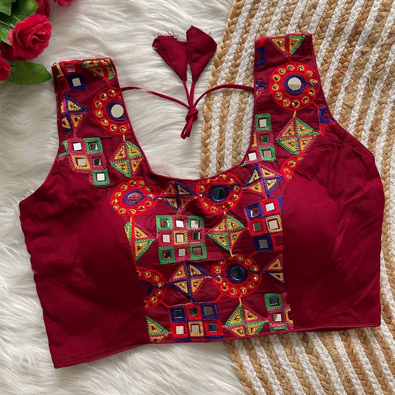 Wine navratri magic cotton blend blouse with mirror work