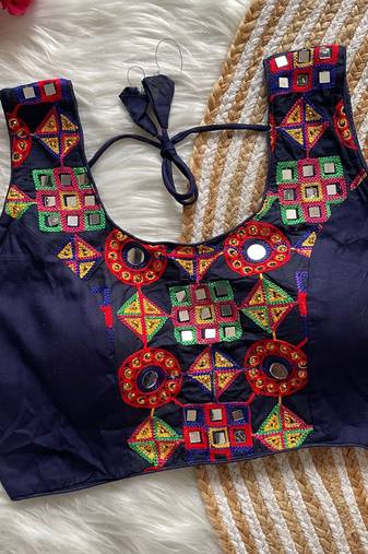 Navy blue navratri magic cotton blend blouse with mirror work