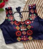 Navy blue navratri magic cotton blend blouse with mirror work
