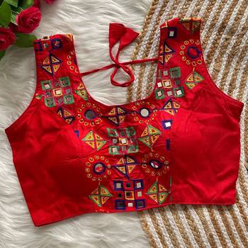 Red navratri magic cotton blend blouse with mirror work 1