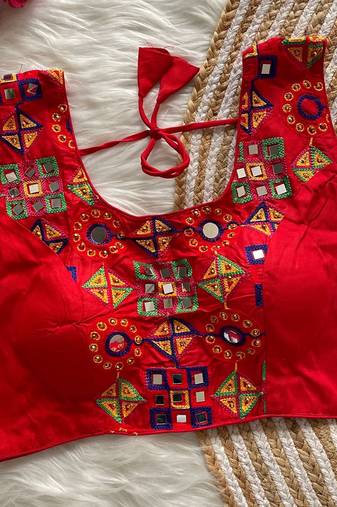 Red navratri magic cotton blend blouse with mirror work