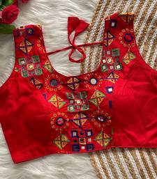 Red navratri magic cotton blend blouse with mirror work