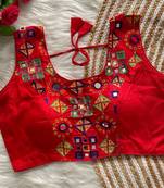 Red navratri magic cotton blend blouse with mirror work