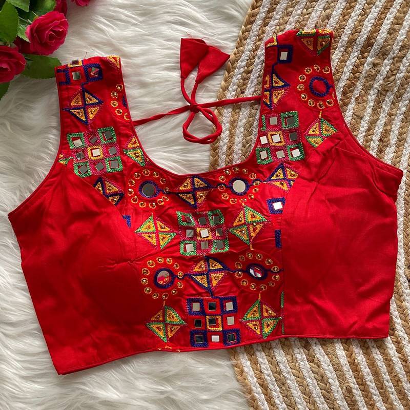 Red navratri magic cotton blend blouse with mirror work