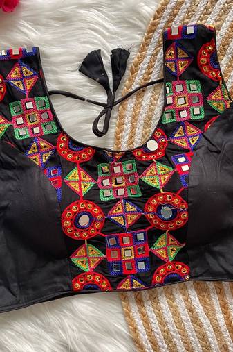 Black navratri magic cotton blend blouse with mirror work