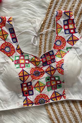 White navratri magic cotton blend blouse with mirror work