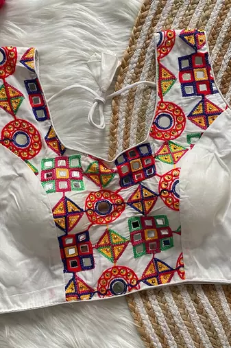 White navratri magic cotton blend blouse with mirror work