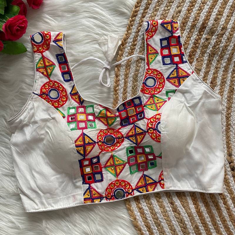 White navratri magic cotton blend blouse with mirror work