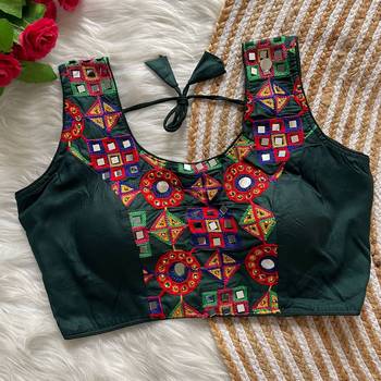 Green navratri magic cotton blend blouse with mirror work 1