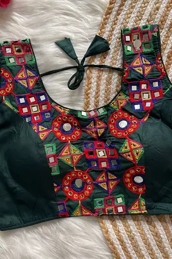 Green navratri magic cotton blend blouse with mirror work