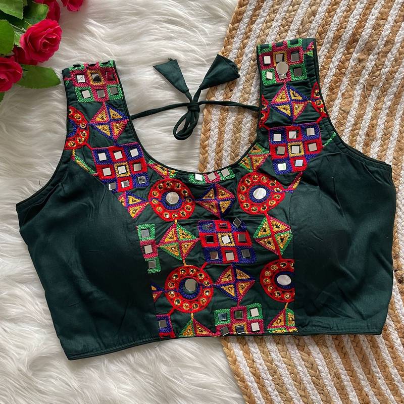 Green navratri magic cotton blend blouse with mirror work