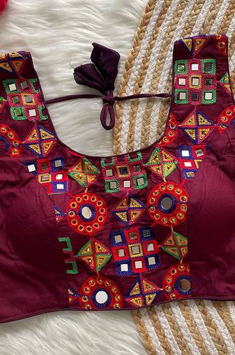Plum navratri magic cotton blend blouse with mirror work