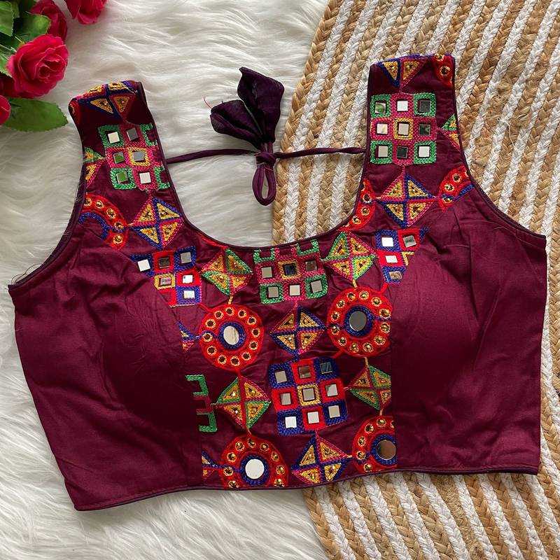 Plum navratri magic cotton blend blouse with mirror work