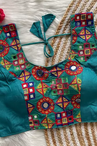 Teal navratri magic cotton blend blouse with mirror work