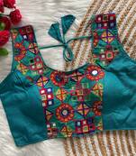 Teal navratri magic cotton blend blouse with mirror work