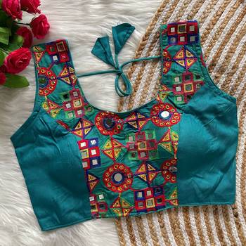 Teal navratri magic cotton blend blouse with mirror work 2