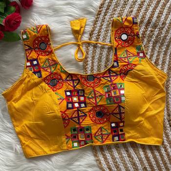 Yellow navratri magic cotton blend blouse with mirror work 1