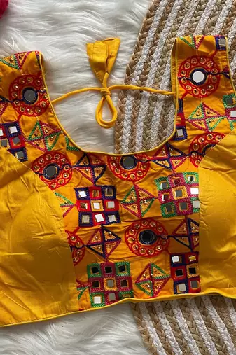 Yellow navratri magic cotton blend blouse with mirror work