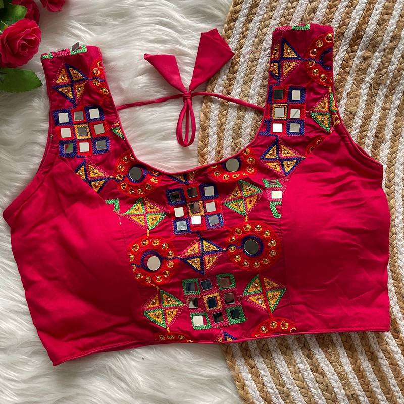 Rani pink navratri magic cotton blend blouse with mirror work