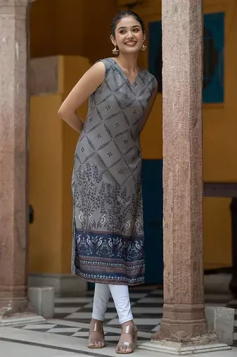 Floral Printed V-Neck Sleeveless Straight Kurta