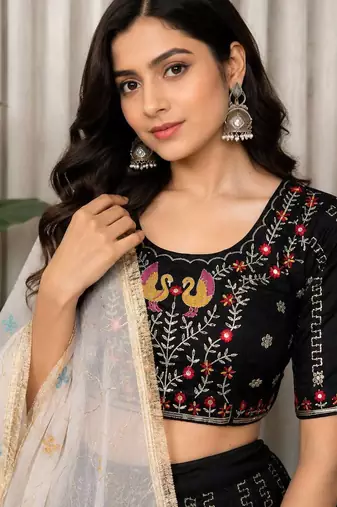 Black Color Embroidery malti Thred work and sequins work. And Aari mirror work Silk Blend Lahenga Choli Set 