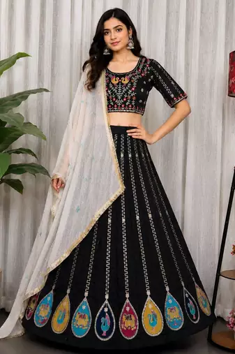 Black Color Embroidery malti Thred work and sequins work. And Aari mirror work Silk Blend Lahenga Choli Set 
