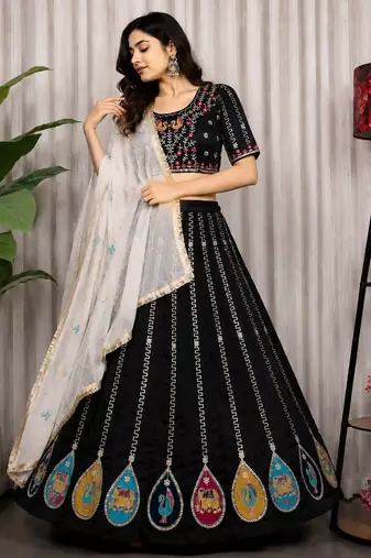 Black Color Embroidery malti Thred work and sequins work. And Aari mirror work Silk Blend Lahenga Choli Set 