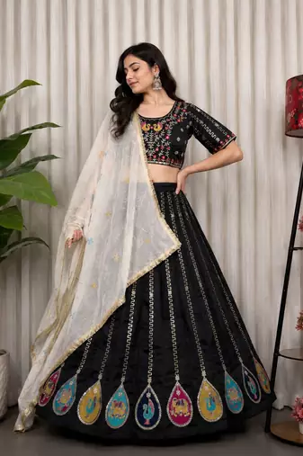 Black Color Embroidery malti Thred work and sequins work. And Aari mirror work Silk Blend Lahenga Choli Set 