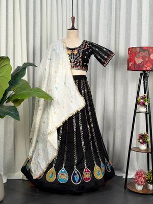 Black Color Embroidery malti Thred work and sequins work. And Aari mirror work Silk Blend Lahenga Choli Set  5
