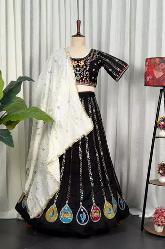 Black Color Embroidery malti Thred work and sequins work. And Aari mirror work Silk Blend Lahenga Choli Set 