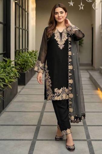 Black Color Embroidery Work Fuax Georgete Salwar Suit