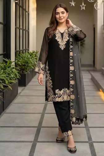 Black Color Embroidery Work Fuax Georgete Salwar Suit