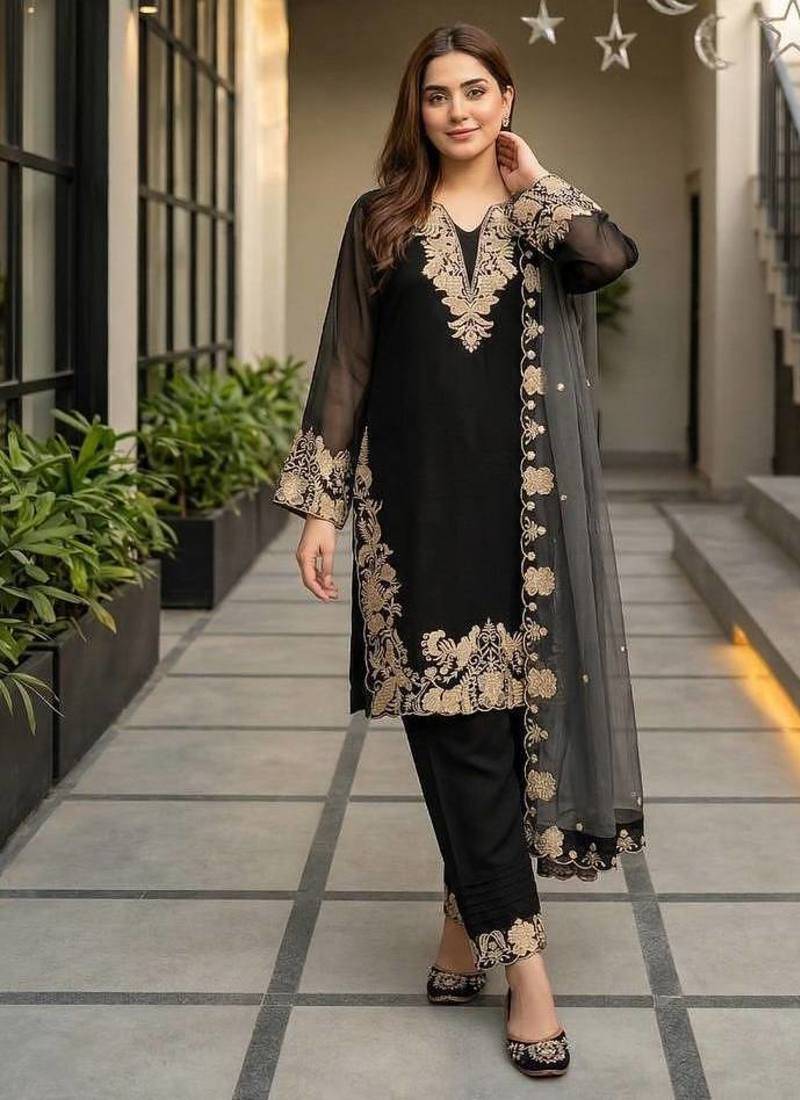 Black Color Embroidery Work Fuax Georgete Salwar Suit