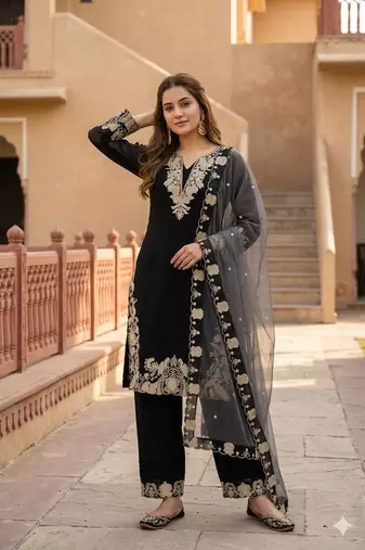 Black Color Embroidery Work Fuax Georgete Salwar Suit