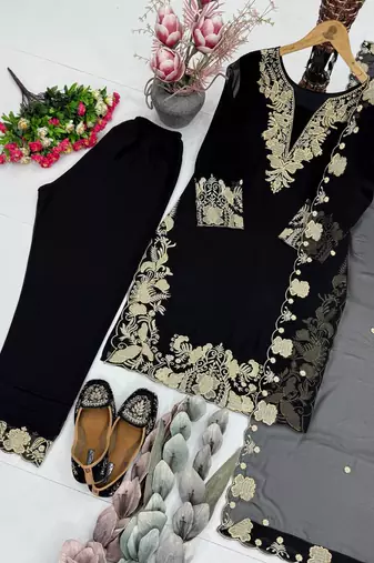 Black Color Embroidery Work Fuax Georgete Salwar Suit