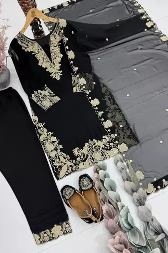 Black Color Embroidery Work Fuax Georgete Salwar Suit