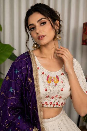 White Color Embroidery malti Thred work and sequins work. And Aari mirror work Silk Blend Lahenga Choli Set 