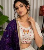 White Embroidery and sequins Aari mirror Silk Blend Lahenga Choli Set 