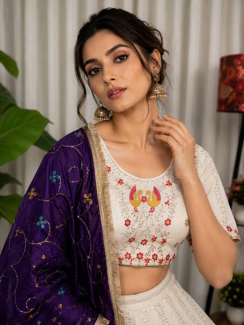 White Embroidery and sequins Aari mirror Silk Blend Lahenga Choli Set 