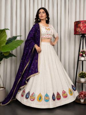 White Embroidery and sequins Aari mirror Silk Blend Lahenga Choli Set  2