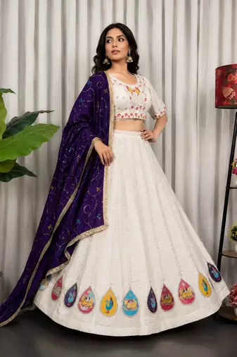 White Embroidery and sequins Aari mirror Silk Blend Lahenga Choli Set 