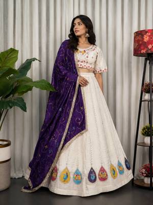 White Embroidery and sequins Aari mirror Silk Blend Lahenga Choli Set  3