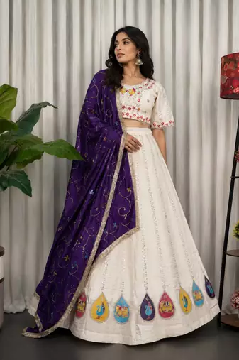 White Embroidery and sequins Aari mirror Silk Blend Lahenga Choli Set 