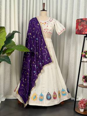 White Embroidery and sequins Aari mirror Silk Blend Lahenga Choli Set  4