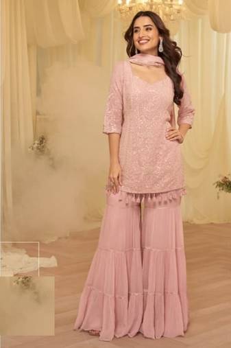 Baby pink georgette full stitched sharara suits free size upto 42