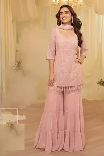 Baby pink georgette full stitched sharara suits free size upto 42